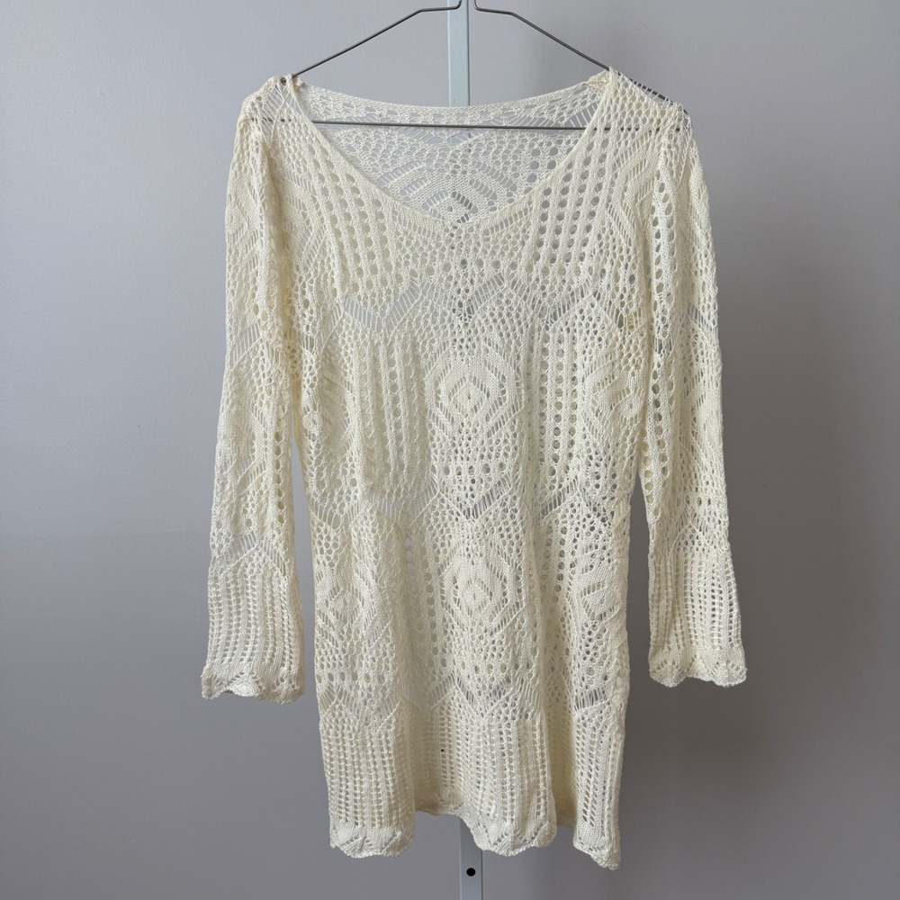 VTG sz L Ivory Crochet Knit Tunic Top Pointelle Boho Cream Cottagecore Coquette
